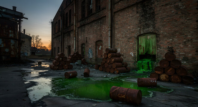 Glowing green toxic sludge leaking from rusty barrels in a derelict abandoned industrial factory zone.