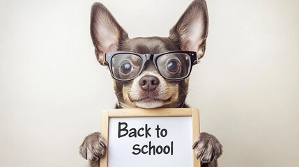 Dog with glasses holds small blackboard with "Back to School", creating back-to-school season theme scene