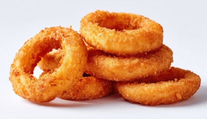 Stacked onion rings, golden-brown and crispy,  stacked on white background