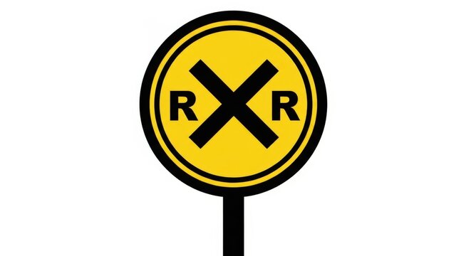 Yellow circular railroad crossing sign with black X and letters.