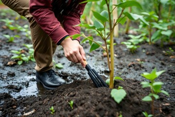 Fototapeta premium Person planting tree sapling in muddy ground with gardening fork wet setting