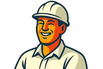 Simple line art icon of a smiling worker in overalls and a beanie, appearing happy