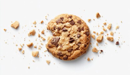 Close-up of a bitten chocolate chip cookie with crumbs