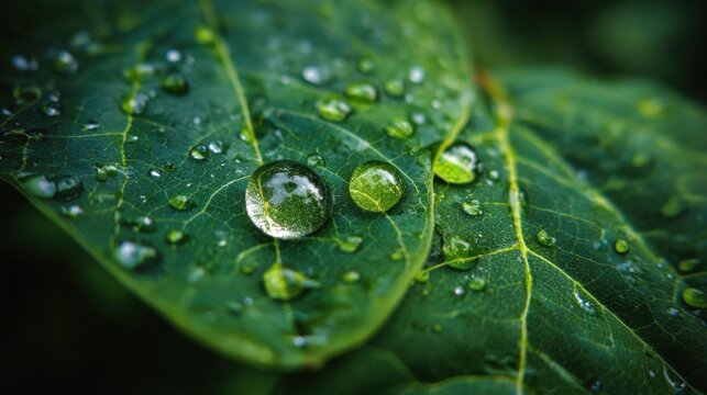 Large beautiful drops of transparent rain water on a green leaf macro. Drops of dew in the morning glow in the sun. Beautiful leaf texture in nature. Natural background.