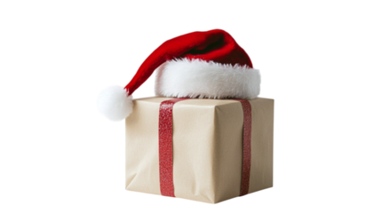 • A Santa hat placed on a Christmas present, isolated on white background in HD 
