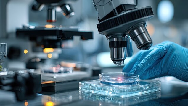 Close-up of scientist using microscope in lab