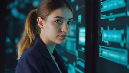 Fototapeta premium Confident young businesswoman in modern technology environment, looking at camera with data interface reflections, professional portrait for innovation and cybersecurity themes