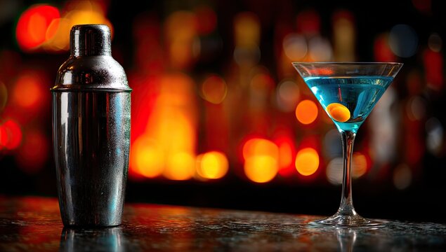 A vibrant blue cocktail garnished with an olive sits on a bar counter next to a metal shaker