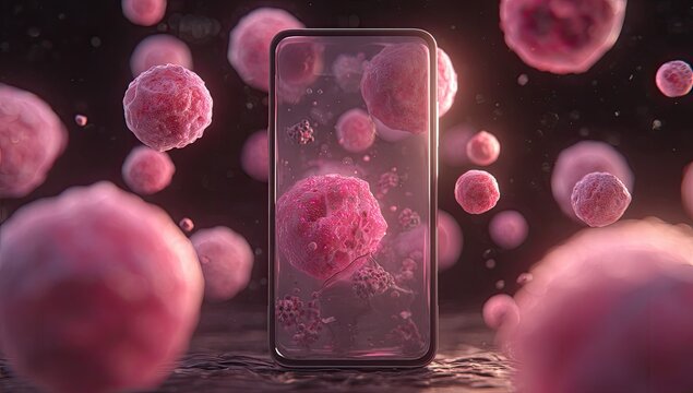 Smartphone surrounded by pink cells