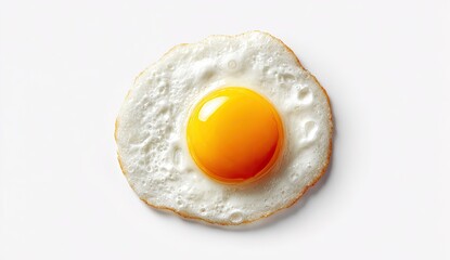 Fried egg, sunny-side up, close-up.  Golden yolk in the center of a cooked egg white,  perfectly circular, on a white background