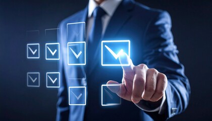 A scene where a man in a suit selects from a virtual checklist floating in the air