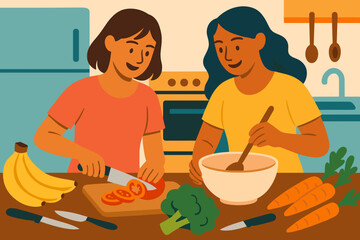 A cartoon mother and daughter are preparing a healthy meal together in their kitchen, depicted in a flat vector illustration representing family, parenting, and a healthy lifestyle, suitable for