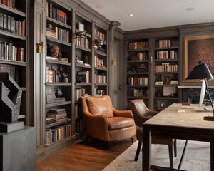 Well-appointed study with built-in bookshelves and leather armchair.