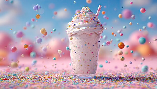 Vibrant milkshake in glass, surrounded by colorful sprinkles and floating spheres, against a pastel background