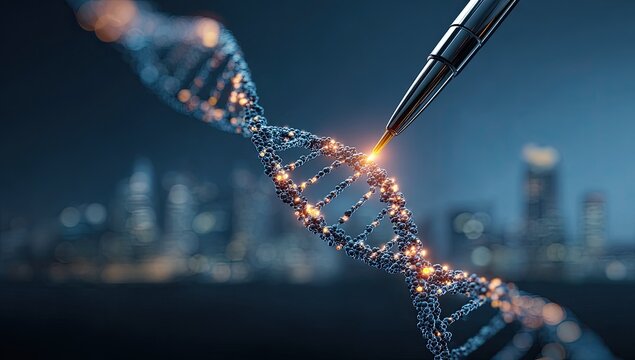 DNA manipulation with a scientific tool. A 3D model of a DNA double helix, glowing with an intense light, is being targeted by a metallic pipette, against a blurred backdrop of a city skyline at night