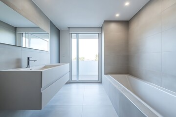 Fototapeta premium Modern minimalist bathroom interior: serene grey tiles, sleek white fixtures, balcony view.