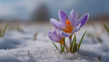 Two delicate, lavender-purple crocus blossoms emerge from melting snow