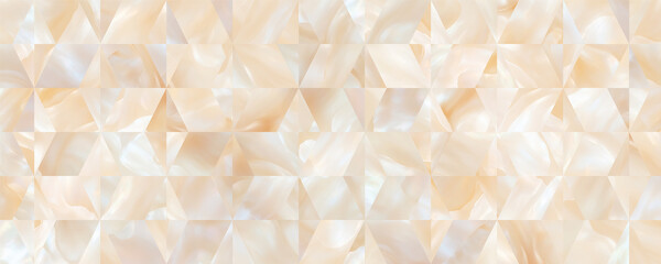 Elegant mother-of-pearl inspired geometric tile pattern with soft white, cream, and silver tones creating a luxurious abstract background.