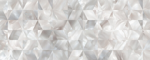 Elegant mother-of-pearl inspired geometric tile pattern with soft white, cream, and silver tones creating a luxurious abstract background.