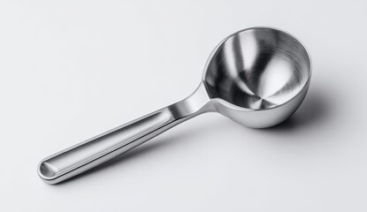Sleek, metallic measuring spoon on white background