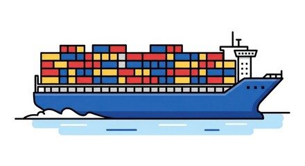 A stylized illustration of a cargo ship filled with containers, moving through water.