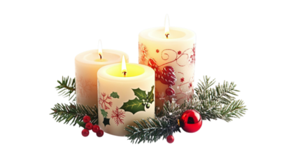 • A set of holiday-themed candles with a glowing light, isolated on white background in HD 