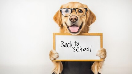 Dog with glasses holds small blackboard with "Back to School", creating back-to-school season theme scene