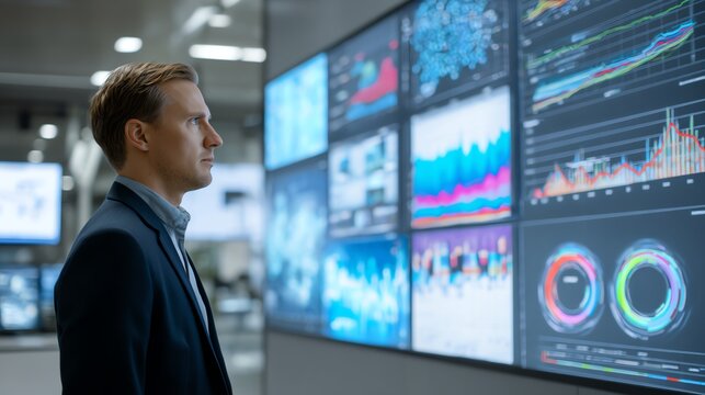 Businessman viewing AI anomaly detection visuals on large display