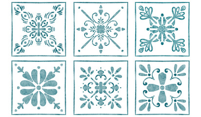 six tiles with blue watercolor patterns