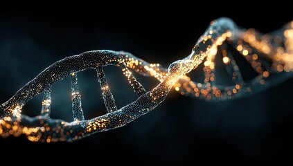 DNA helix, glowing particles,  dark background