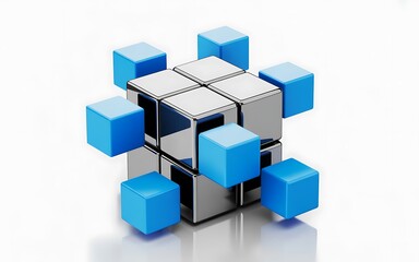 Obraz premium 3D Blue Cubes with Chessboard Top – Abstract Modern Geometry and Conceptual Design teamwork business concept - cube assembling from blocks. 