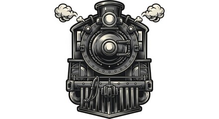 Vintage steam locomotive head, detailed graphic design, front view.