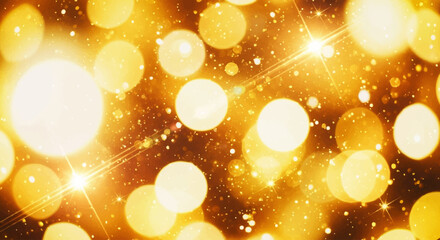 Abstract bokeh background of golden lights and sparkles.
