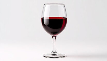 A stemmed wine glass filled with red wine, against a plain white background.  The wine is dark red, filling most of the glass.  The glass is clear and slender