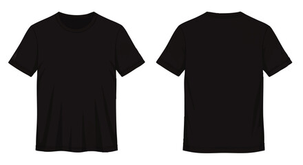 Front and back view of a plain black t-shirt, showcasing its simple design and clean aesthetic.