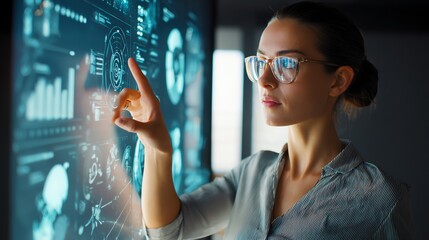 Businesswoman navigating AI dashboard via touchscreen glass