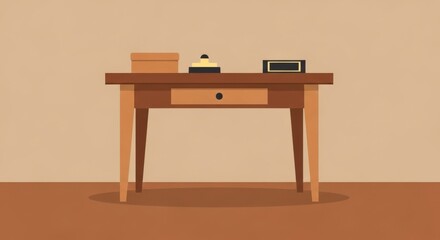 Simple wooden desk with decorative items, in a neutral color scheme.