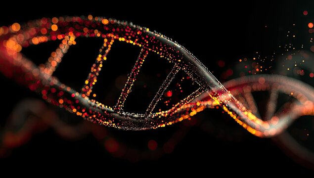 DNA helix, detailed 3D model, glowing particles