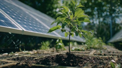 Fototapeta premium Tightly framed view of a young fruit tree growing under the dappled shade of solar panels benefitting from cooler conditions while harnessing solar energy.