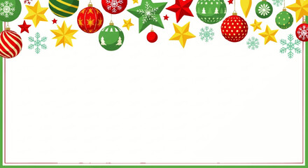 Festive Christmas ornaments and stars decorate a rectangular white space, creating a holiday border.