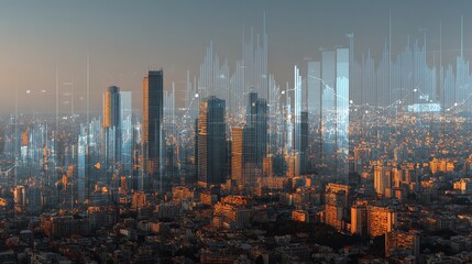 City skyline overlaid with inflation rate data and economic indicators.