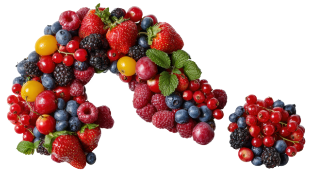 Question mark made of different fruits and berries, fruit alphabet isolated on a white background
