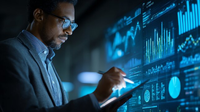 Consultant using AI-powered dashboards for market analysis