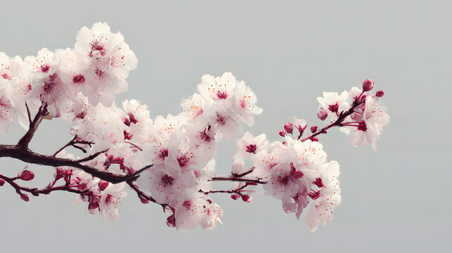A delicate cherry blossom branch bursts with pale pink and white flowers against a muted gray sky, signaling the arrival of spring. - Powered by Adobe