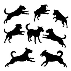 Black dog silhouettes in various poses on a plain background, ideal for pet-related designs, animal themes