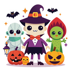 A spooky vector set of Halloween icons and cartoon elements including a pumpkin, witch, and ghost, perfect for your holiday design