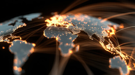 A stylized global map, visualizing the interconnectedness of supply and demand. Global connection concept. Planet earth network sphere. 3d rendering. 3d illustration.
