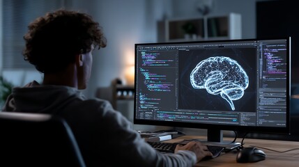 Developer coding neural algorithm in front of floating AI brain
