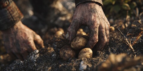 Man Picking Up Potatoes from Soil in Agricultural Field