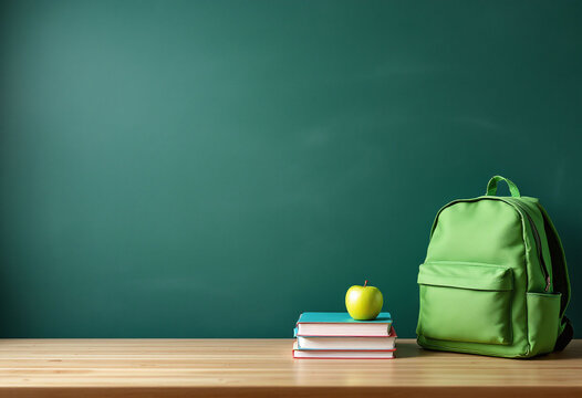 Green backpack, textbooks and green apple lying on wooden desk, against green teacher's board background, clean layout with empty space for text, concept of education, school, teaching.